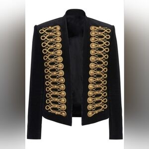 Man And Women  Balmain Black Velvet Military Jacket with Gold Detailing